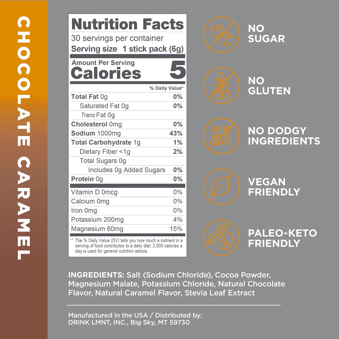 LMNT Zero-Sugar Electrolytes Chocolate Caramel (30 Pack) | 2183659WQ